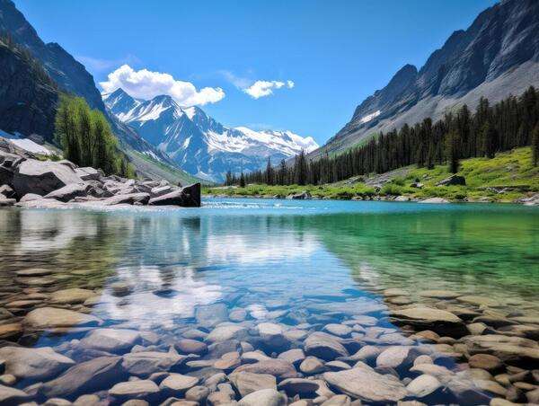 Mirna naravna pokrajina z jezerom in gorami v mehki svetlobi
